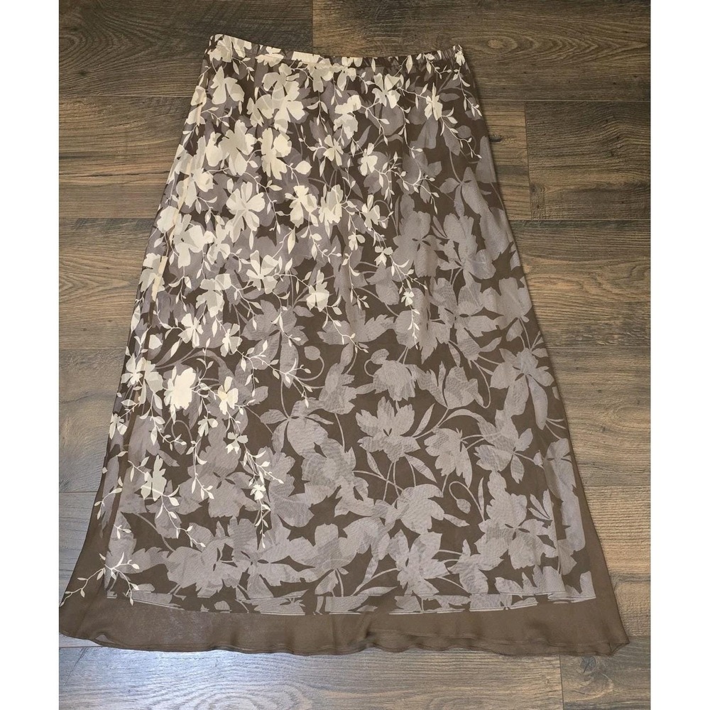 Adrianna Papell Floral Brown White Y2K Vintage 100% Silk Women's Skirt Size 14P